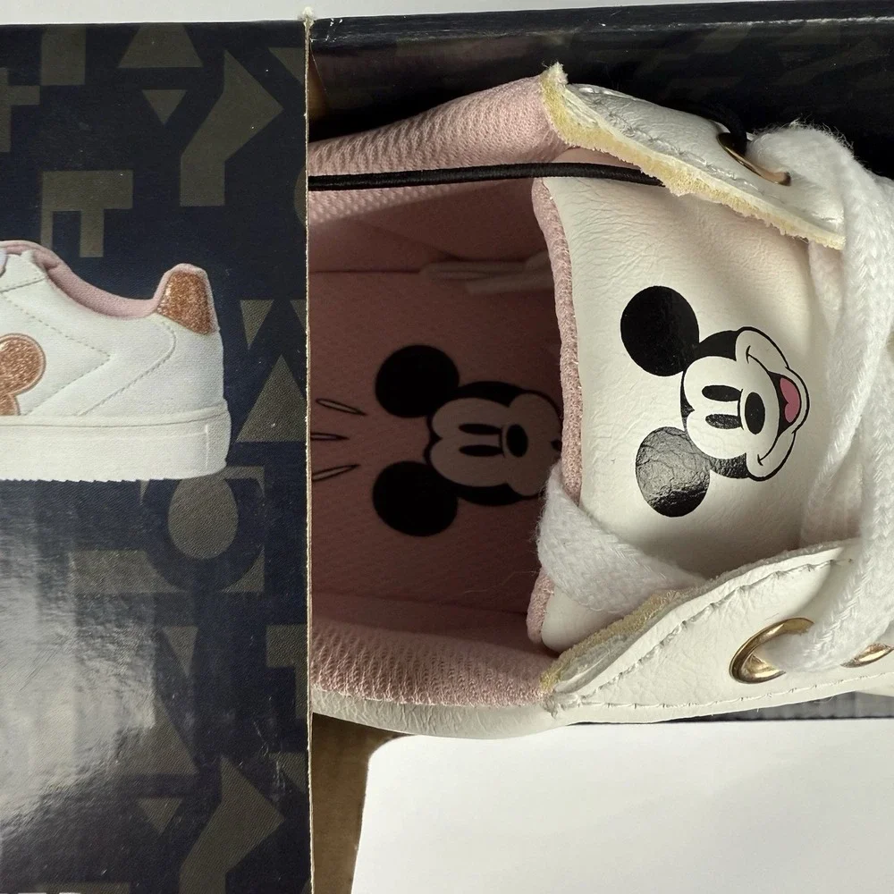 Disney White Sneakers with Rose Gold Glitter Mickey Accent